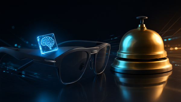 Editorial illustration of a tiny glowing AI chip on smart glasses beside a hotel desk bell