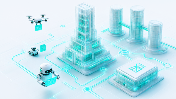 Isometric editorial illustration of glass office buildings on a circuit grid with small robotic agents