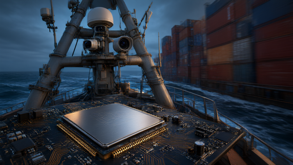 An edge AI robotics chip on a circuit board beside a cargo ship mast fitted with cameras