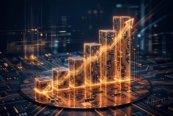 Dark editorial illustration of startup funding growth with abstract charts and silicon chips