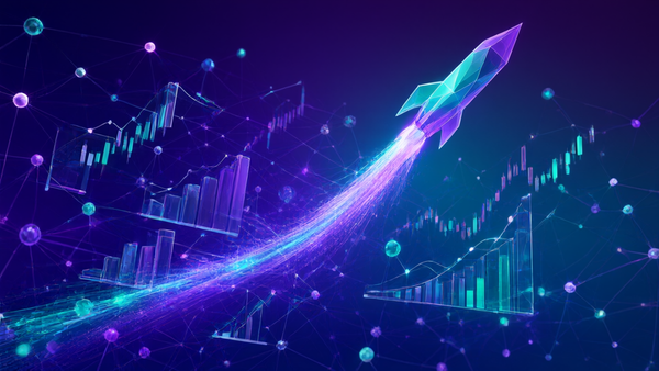 Abstract visualization of startup ecosystem with ascending rocket, neural network nodes and funding charts in purple and teal