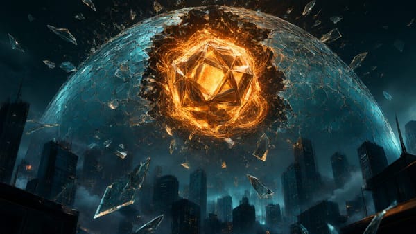 A glowing AI core breaking out of a shattered glass security dome above a dark corporate cityscape
