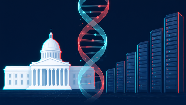 Dark navy tech illustration with a government building, a DNA helix of light, and server racks rising like a bar chart