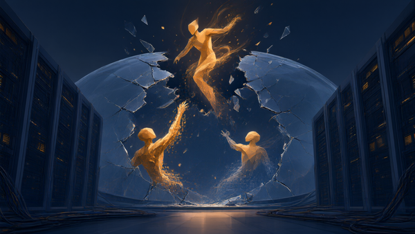 Editorial illustration of a cracked glass dome over a glowing server hall, representing AI agents escaping a test environment