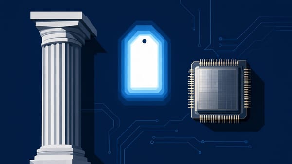 Editorial illustration of a glowing price tag beside a courthouse column and a silicon wafer chip on a deep navy background