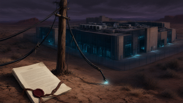 Editorial illustration of a desert data center campus with power lines and a legal document