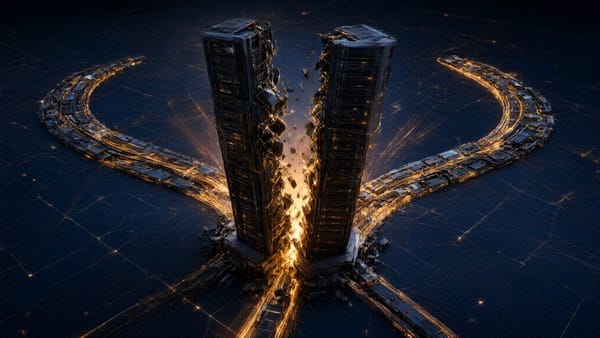 Editorial illustration of server racks splitting into two diverging paths across a digital map