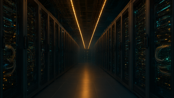 Editorial illustration of Nvidia AI chips beside a courthouse, 16:9