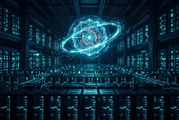 Dark editorial illustration of a glowing AI data centre hall with rows of server racks