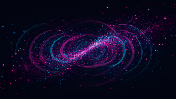 Editorial illustration of glowing particles cascading across a dark surface in magenta and cyan