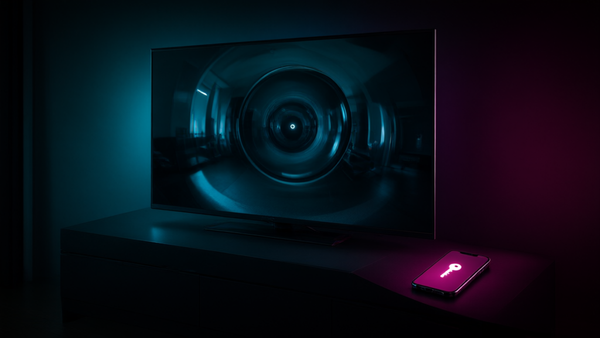 A flat screen television glowing in a dark living room with a lens-like reflection, and a smartphone showing a small glowing key