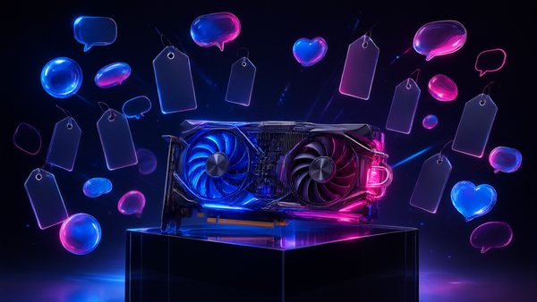 3D render of a dual-fan graphics card with neon blue and pink lighting surrounded by floating translucent price tags and speech bubbles.