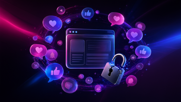 Abstract editorial illustration of a browser window surrounded by social media notification bubbles and a broken padlock in magenta and blue light