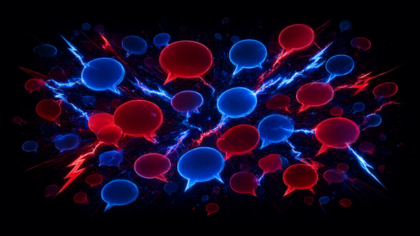 Abstract social media viral spread visualization with interconnected speech bubbles and lightning bolts