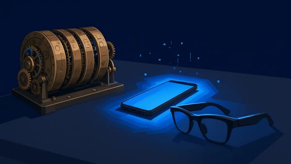 Editorial illustration of an antique cipher rotor wheel beside a glowing phone and smart glasses on a deep navy background