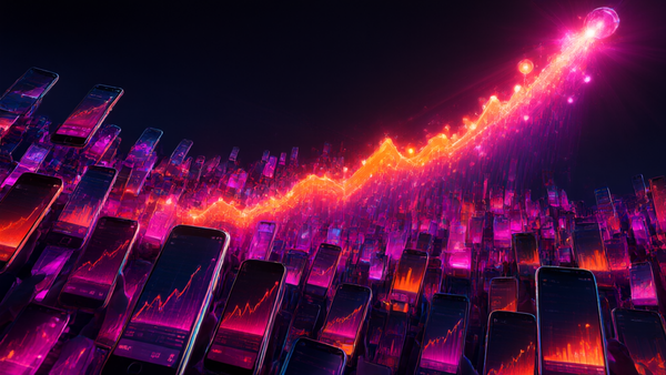 Editorial illustration of a viral engagement chart spiking beside a glowing smartphone screen at night