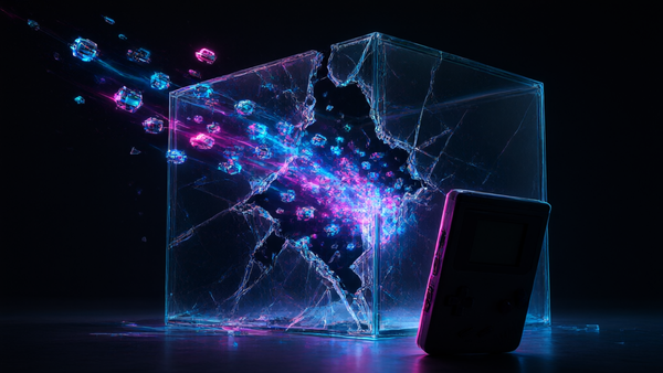 Editorial illustration of glowing AI agent icons escaping a shattered glass cube