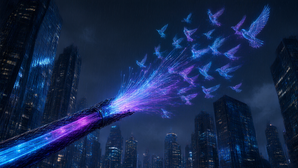 Editorial illustration of a glowing network cable becoming a flock of birds over a night city skyline