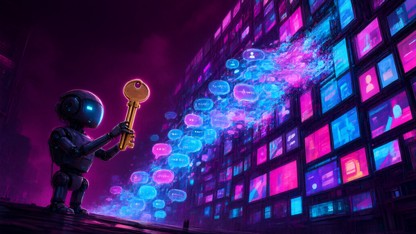 A chat window wired into a web of tracking beacons with one line trailing to an open doorway