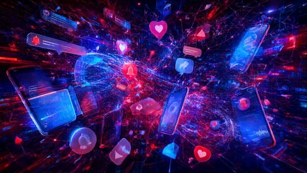 Chaotic digital culture collage with social media notifications, phone screens and AI neural patterns in red and blue neon