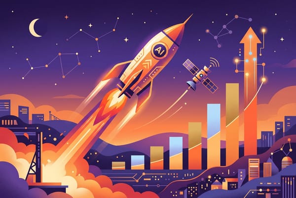 Editorial illustration of a rocket lifting off beside a rising bar chart and a satellite in orange and violet