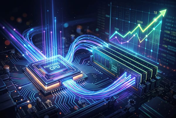 Editorial illustration of photonic light beams connecting a chip to stacked memory modules