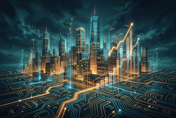 Dark teal editorial illustration of glass skyscrapers rising out of a circuit board with glowing data streams and funding graphs