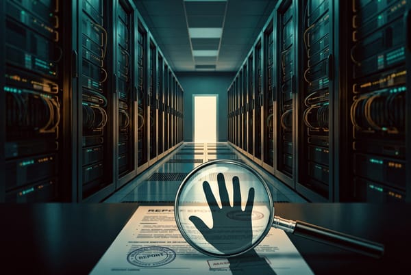 A dark data-centre aisle narrowing into a bright doorway, with a stamped report under a magnifying glass