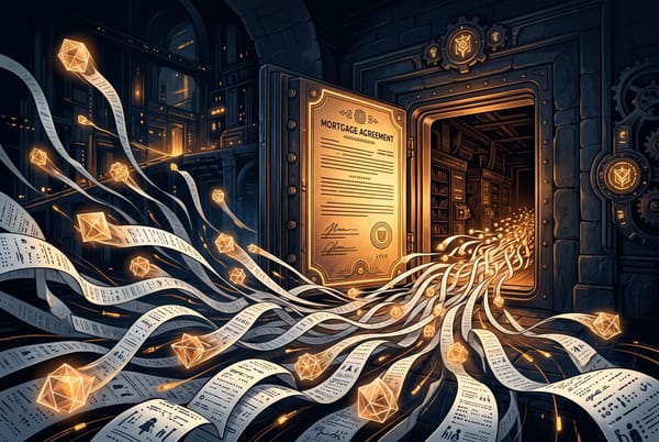 A swarm of translucent agent figures trailing paper receipts into an open vault shaped like a mortgage document, midnight blue and amber palette