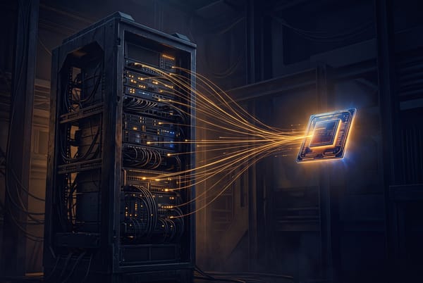 Dark editorial cover showing an on-premises server rack beside a coin-sized silicon chip