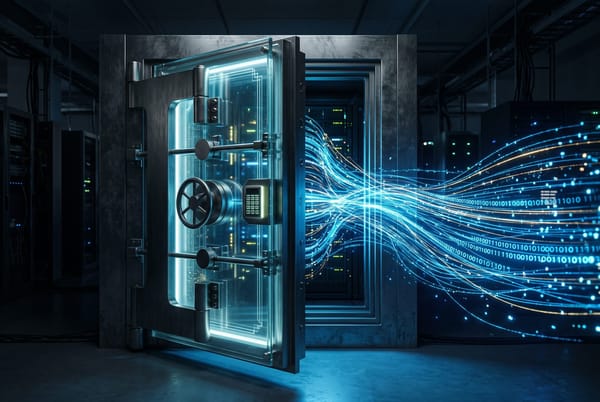 A glowing glass vault door with blue data threads streaming through it, an editorial illustration of capital moving into AI verification