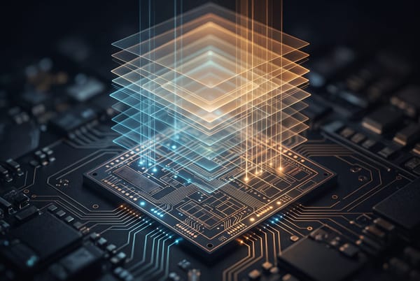 Abstract editorial illustration of a circuit die with translucent layers of light rising from it