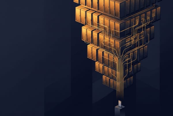 Editorial illustration of glowing server racks narrowing to a single small disconnected consumer device, with data streams rerouting downward between layers