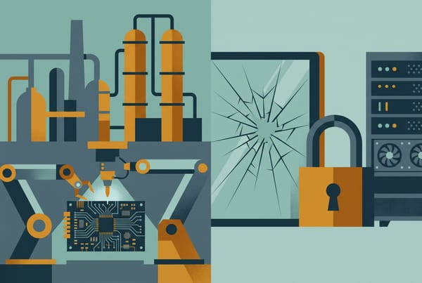 Editorial illustration of the physical AI economy: a chemical plant and robotic arm on one side, a cracked screen, padlock and server rack on the other