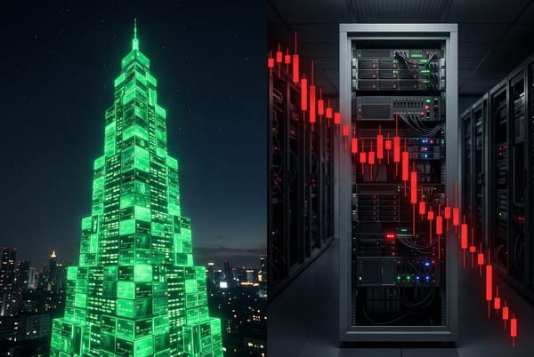 Editorial illustration split between rising green fintech payment cards and a grey AI data center under a falling red market chart