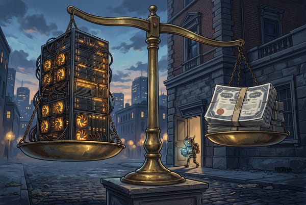 A brass balance scale at dusk weighing a rack of glowing GPU servers against a stack of bond certificates, with a small robot slipping out through a side door behind it