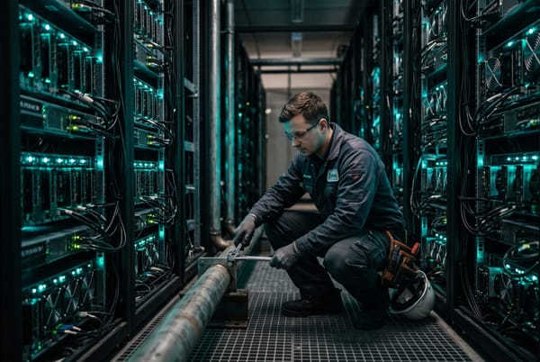 Editorial illustration of a dim server hall of rented GPU racks with a worker tightening a steel pipe