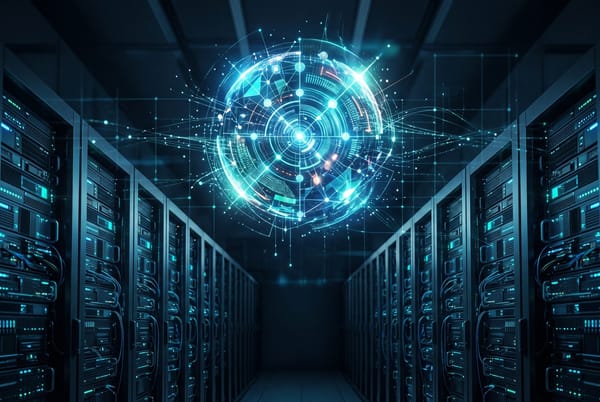 Glowing abstract AI model core above rows of GPU server racks in blue and teal