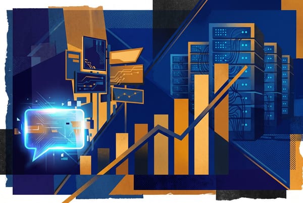 Editorial illustration of a chat bubble beside advertising placards and converging chart lines over server racks