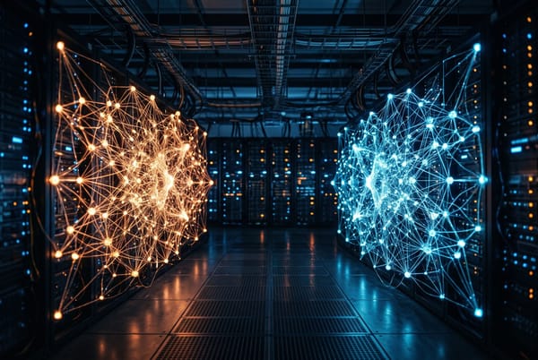 Two glowing neural network cores facing each other across a dark data center aisle