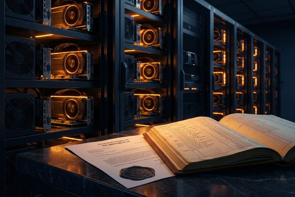Editorial illustration of a government subpoena seal beside glowing GPU racks