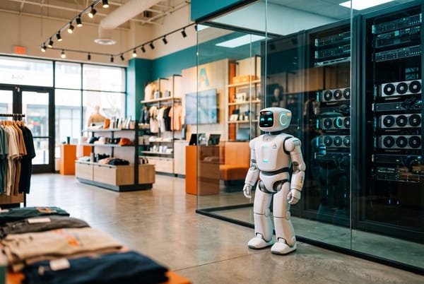 Editorial illustration of a GPU data hall above a small biped robot on a store shelf