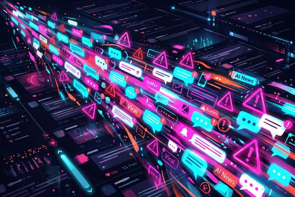 Editorial illustration of glowing chat bubbles and warning icons flowing across a dark feed in magenta and cyan