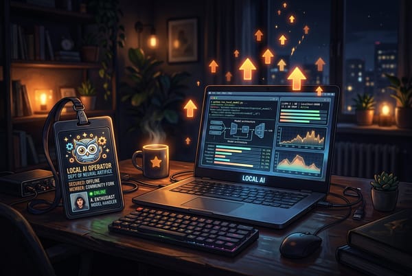 Editorial illustration of a parody corporate badge beside a laptop running a local AI model