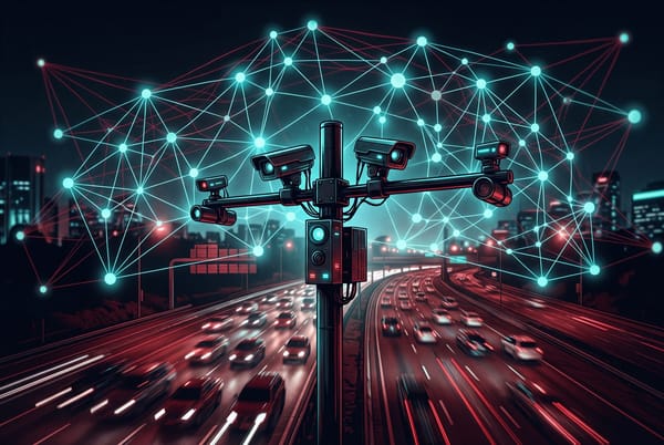 Dark red editorial illustration of a license plate camera mast over a night highway with a glowing neural network mesh overhead