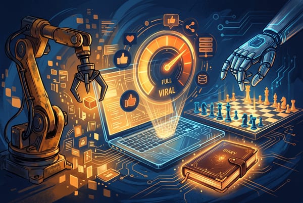 Editorial illustration of a laptop with a large storage gauge, a robot hand over a chessboard and a glowing diary