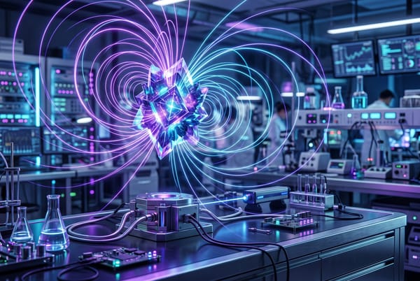 A crystalline magnet floating above a lab bench with swirling magnetic field lines